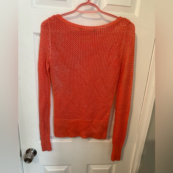 Long sleeved mesh like see through crew neck neon orange metallic silver thread - Picture 3 of 5